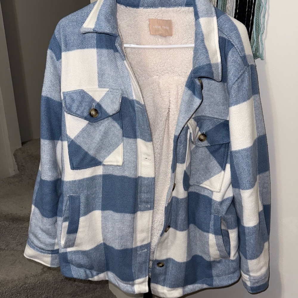 Love Tree Blue and Cream Checkered Jacket